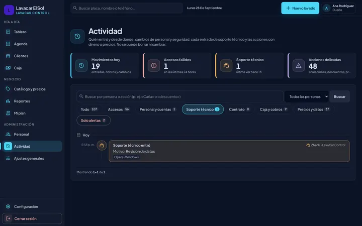 Pantalla Actividad con la lista de ingresos, cambios de seguridad y acciones delicadas, cada una con quién la hizo y cuándo