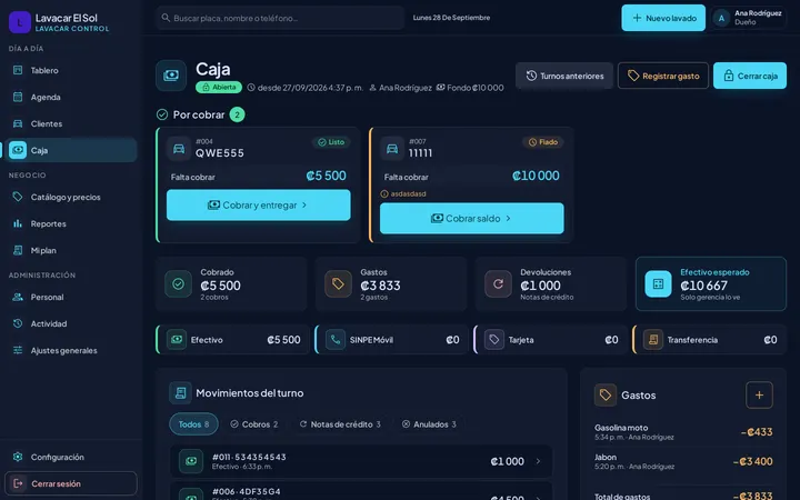 Pantalla de caja abierta con lo cobrado por método de pago, los gastos y los movimientos del turno