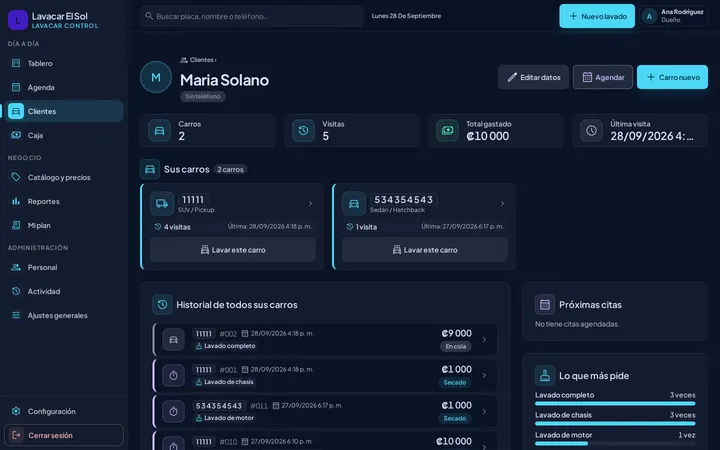 Ficha de un cliente con sus vehículos, visitas, total gastado, última visita y el historial de lavados