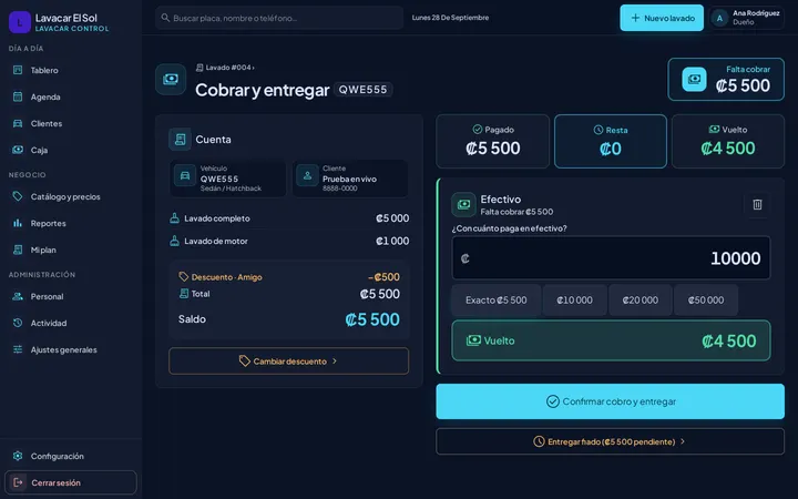 Pantalla de cobro con los métodos de pago Efectivo, SINPE Móvil, Tarjeta y Transferencia, los billetes sugeridos y el vuelto