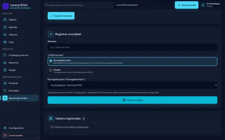 Ajustes de tablets: tiempos sin uso, registrar una tablet con su nombre y su modo de uso